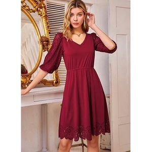 V neck Lace Sleeve Cut Out Flare Swing Midi Dress